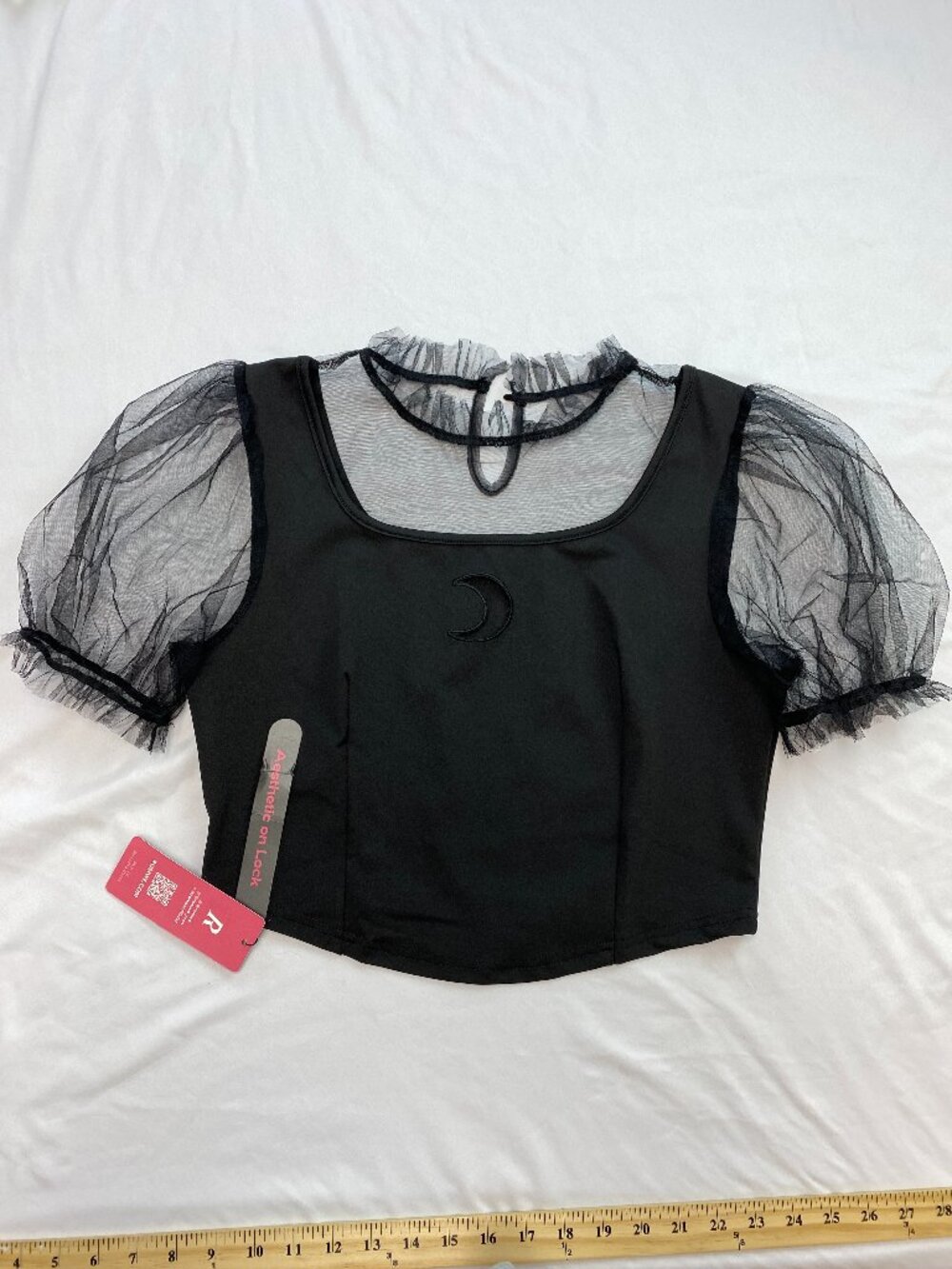 ROMWE Goth Moon Embroidered Mesh Puff Sleeve Crop Top L